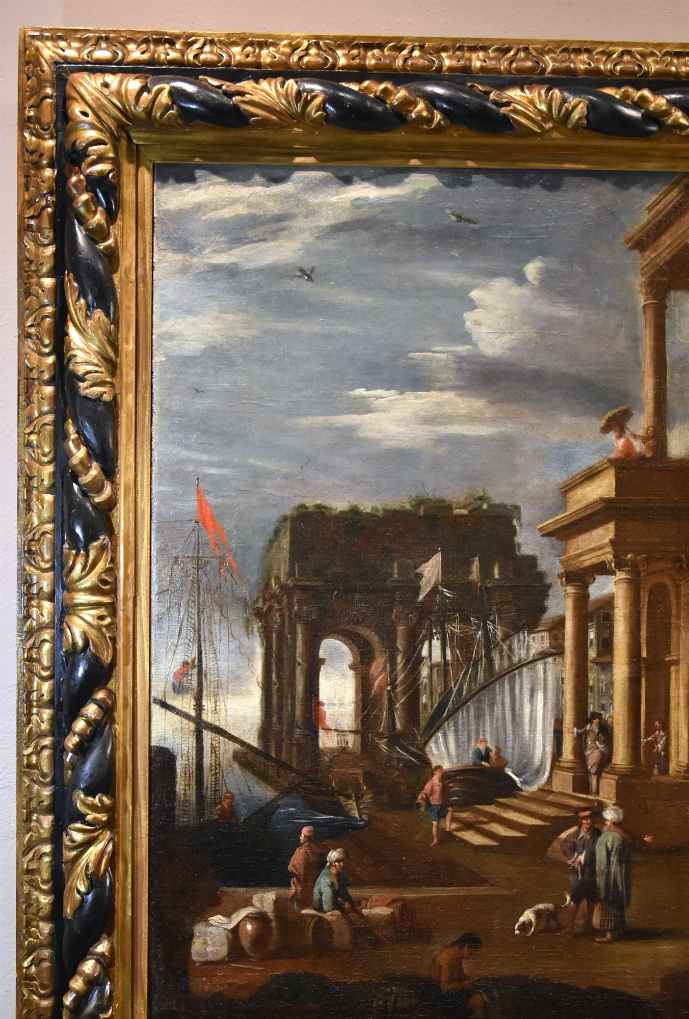 Veduta fantastica con porto e capriccio architettonico